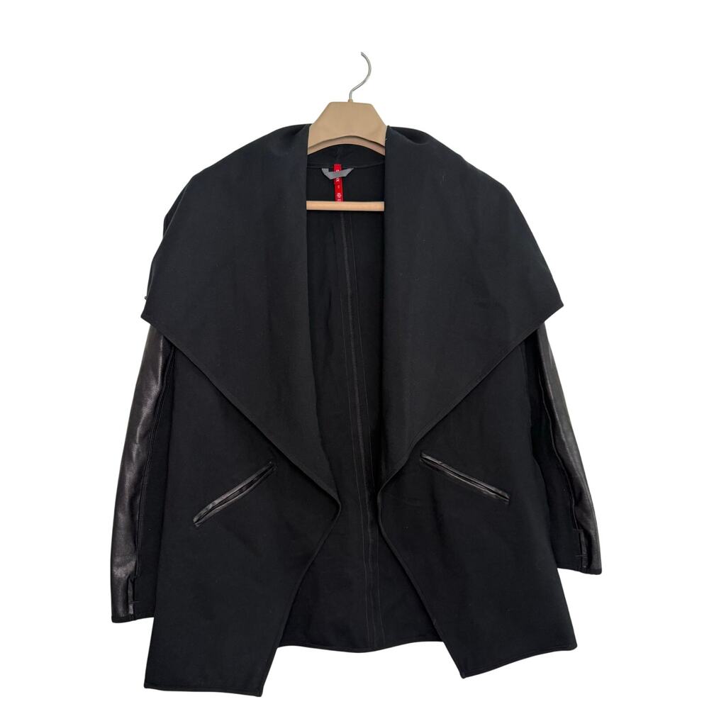 SPANX Drape Front Jacket Ponte Faux Leather Wrap Cardigan Waterfall Black XSMALL
